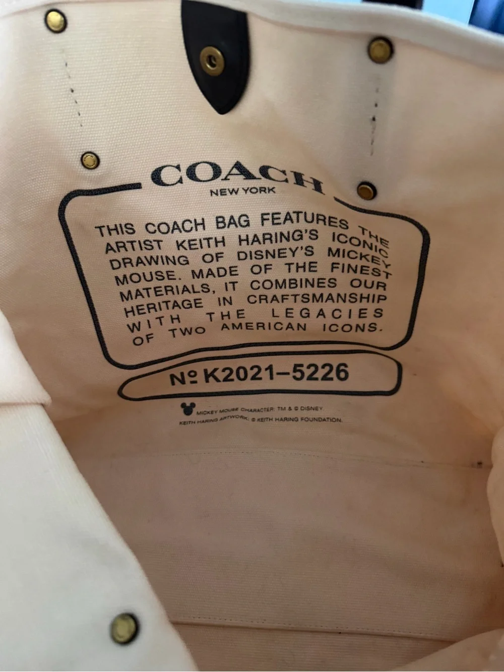 Coach Mickey Keith Herring White Canvas Tote with Black Character Print